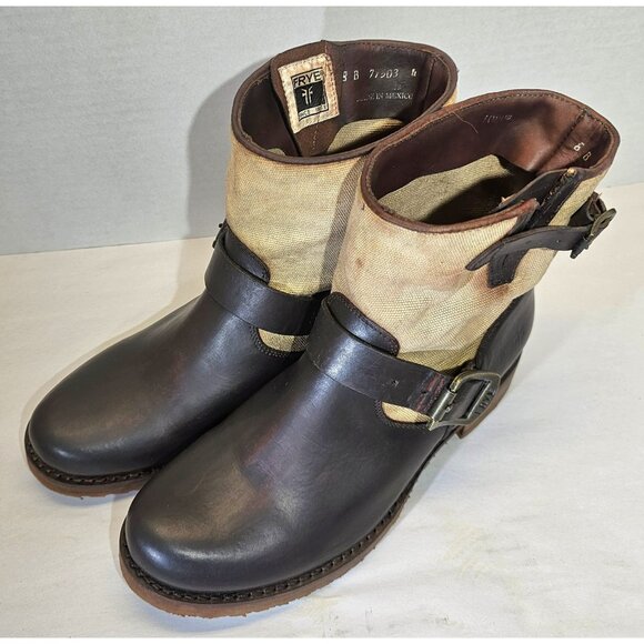 Frye Women's Brown/ Beige Veronica Canvas/Leather Shortie Ankle Boots Size 8B - Picture 3 of 16